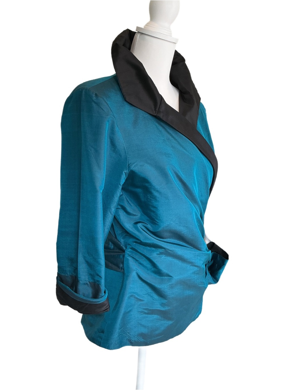 Marisa Baratelli Teal Silk Wrap Blouse with Black Stand-Up Contrast Collar - Picture 3 of 6